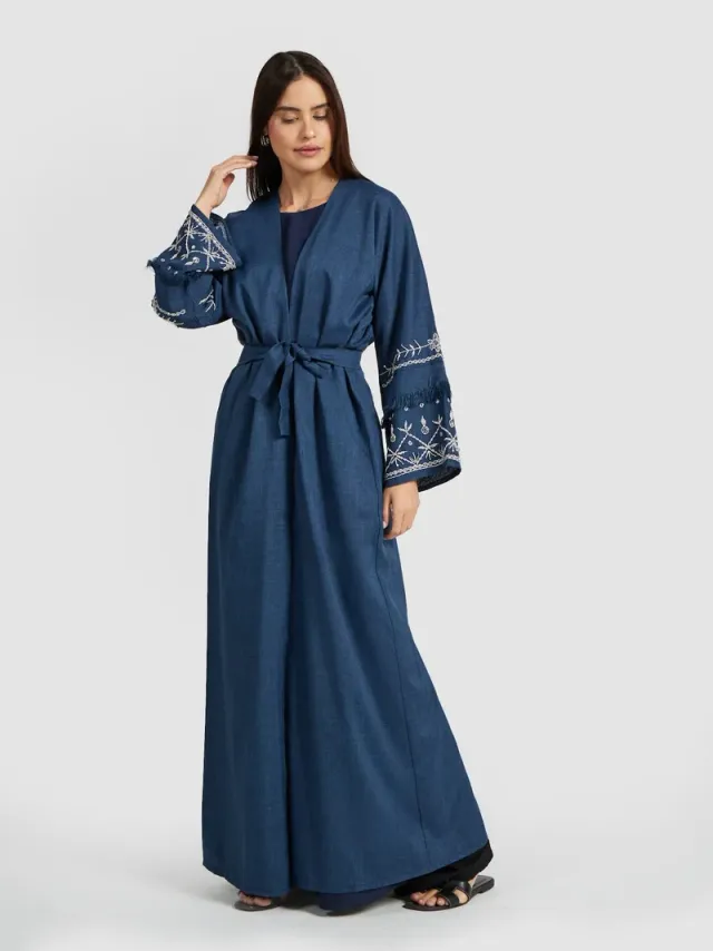 Denim Blue Linen Abaya with Floral Sleeves and Embroidery – image 2