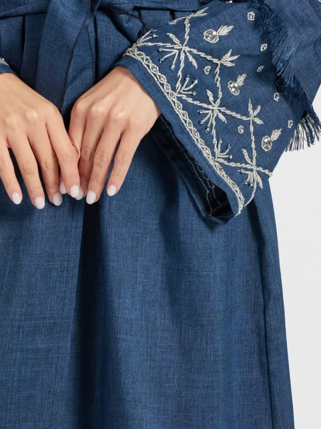 Denim Blue Linen Abaya with Floral Sleeves and Embroidery – image 3
