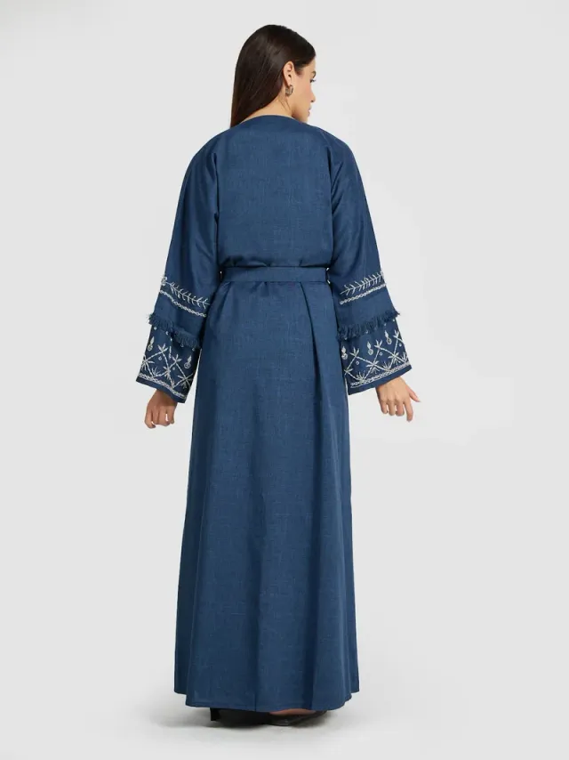 Denim Blue Linen Abaya with Floral Sleeves and Embroidery – image 4