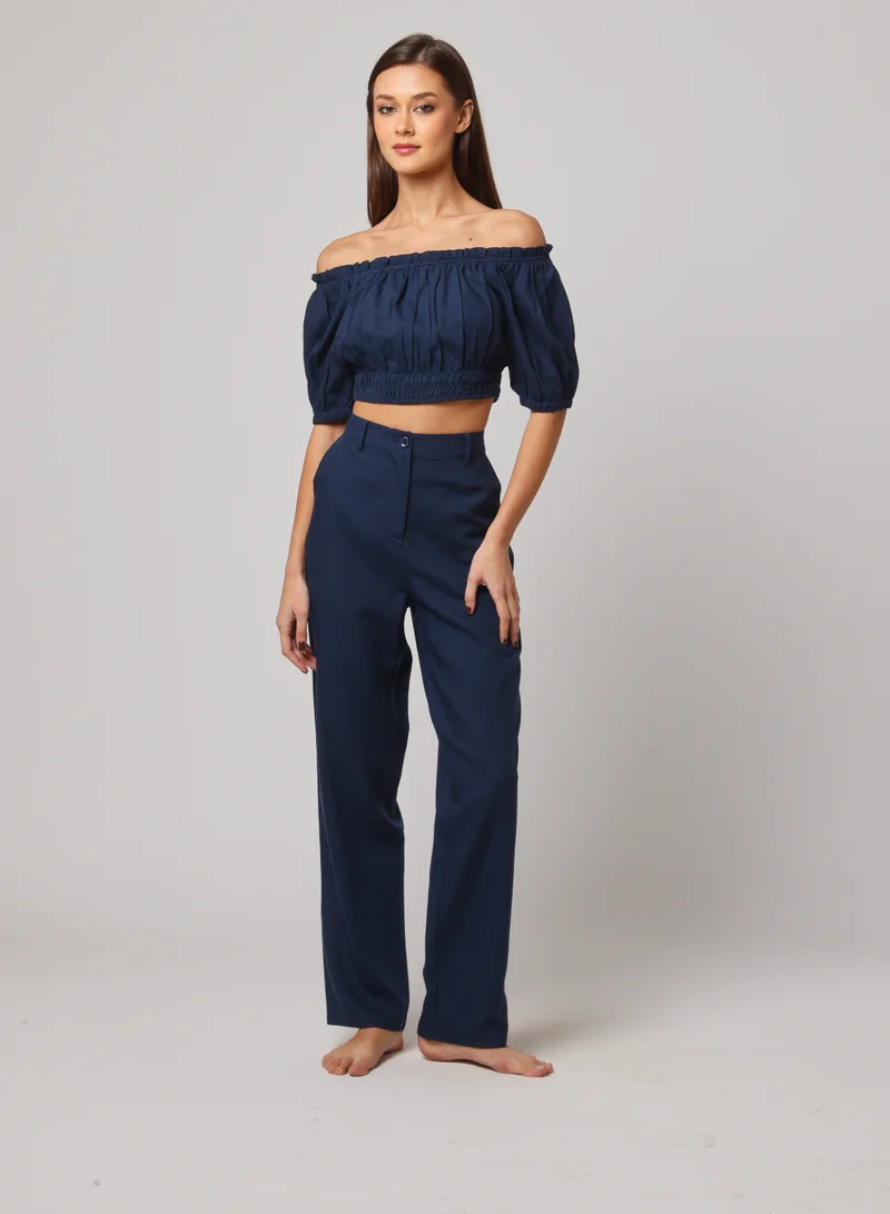 Off-Shoulder Smocked Linen Blend Crop Top