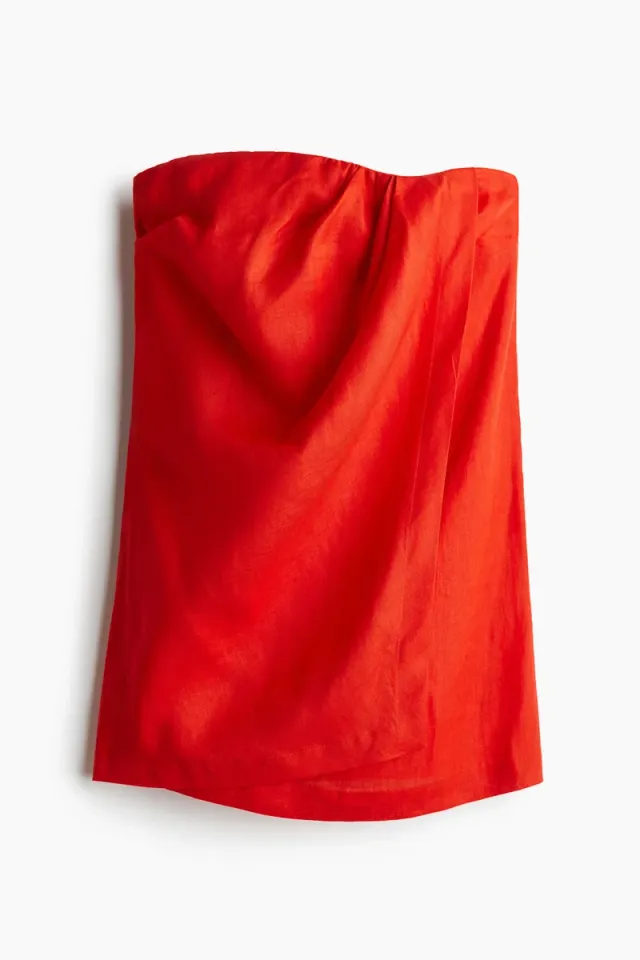 Red Mini Linen Bandeau Dress for Women – image 4