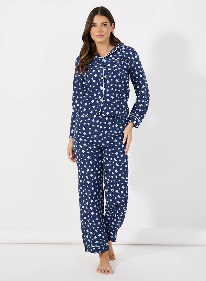 Cotton Linen Star Print Shirt Pyjama Set