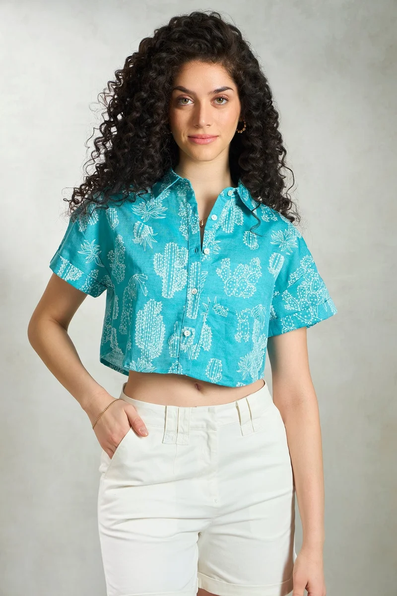 Virgio Women's Cotton Linen Collared Cropped Printed Top