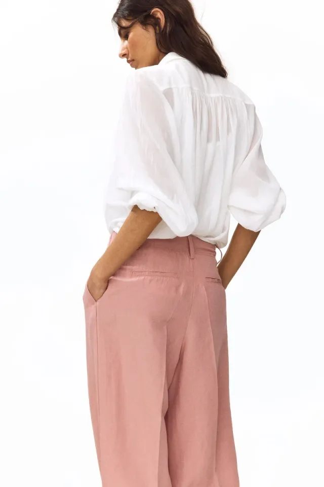 Pink Medium Dusty Tapered Linen-Blend Trousers for Women – image 3