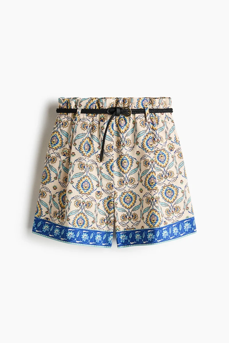 Belted Linen Blend Shorts