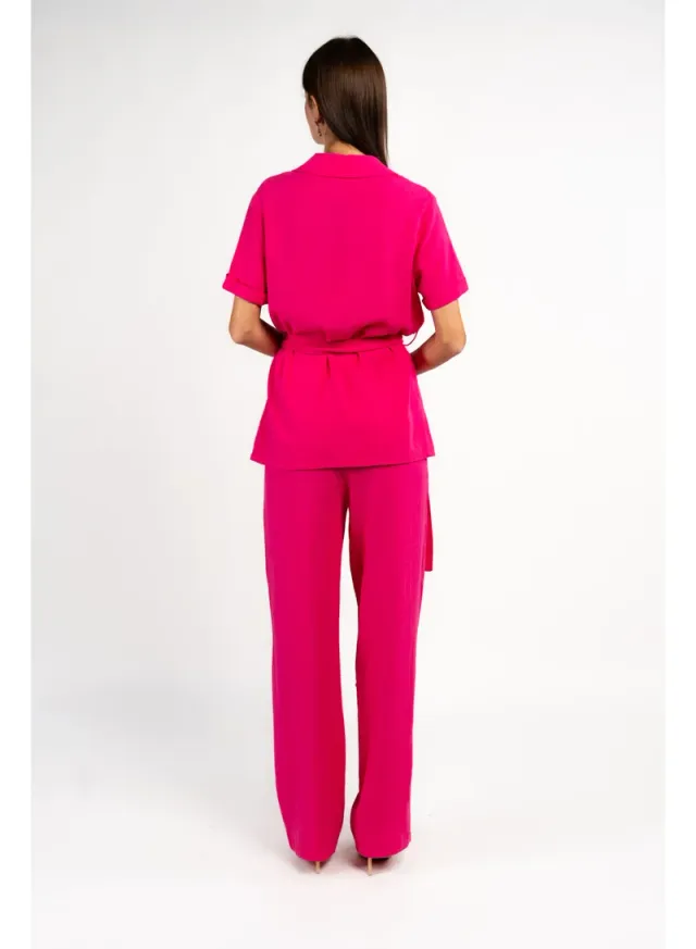 Fuschia Linen Notch Lapel Short Sleeve Jumpsuit for Women – image 2