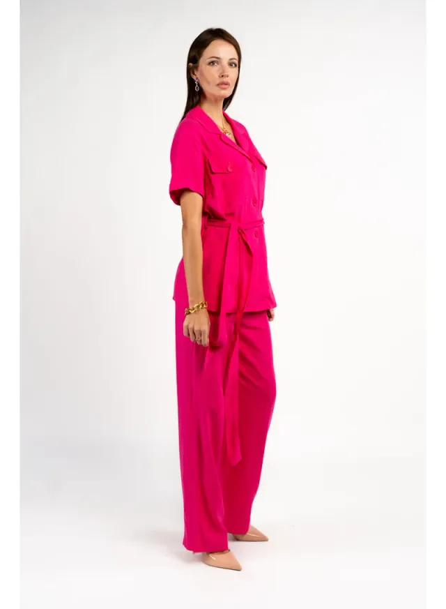Fuschia Linen Notch Lapel Short Sleeve Jumpsuit for Women – image 4