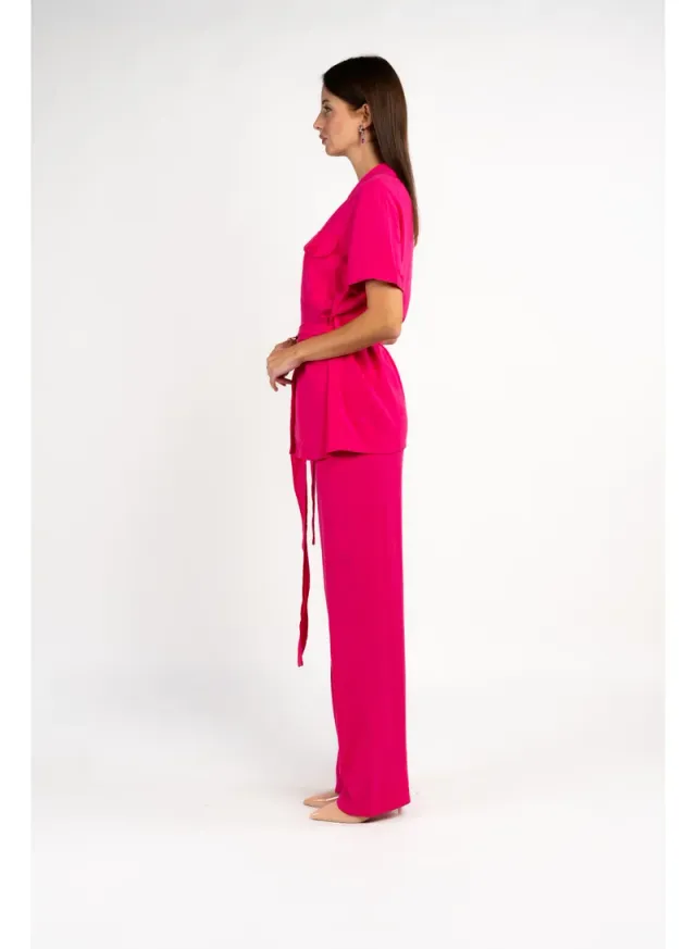 Fuschia Linen Notch Lapel Short Sleeve Jumpsuit for Women – image 5
