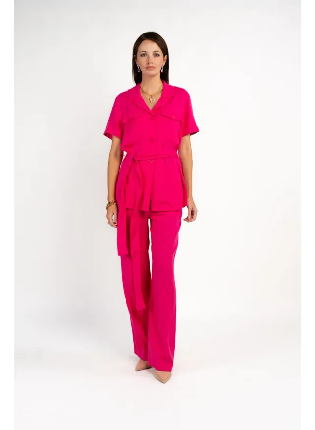 Fuschia Linen Notch Lapel Short Sleeve Jumpsuit for Women – image 6