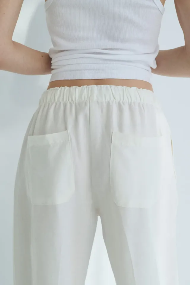 White Linen-Blend Drawstring Wide-Leg Trousers for Women – image 2