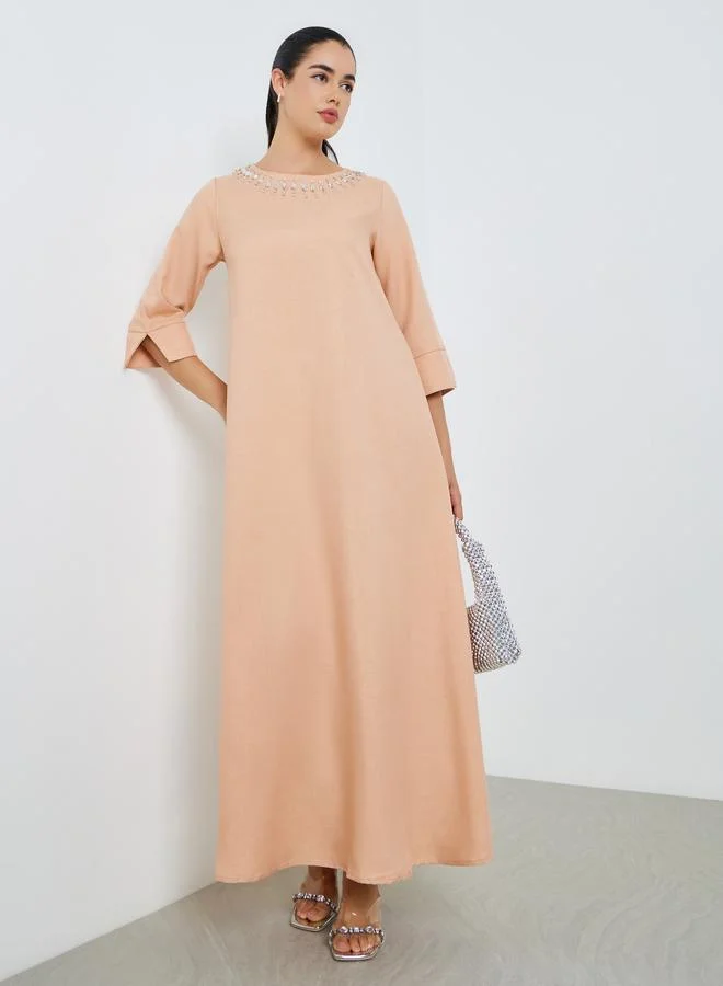 Women Linen Look Twill 3/4 Sleeve Jalabiya