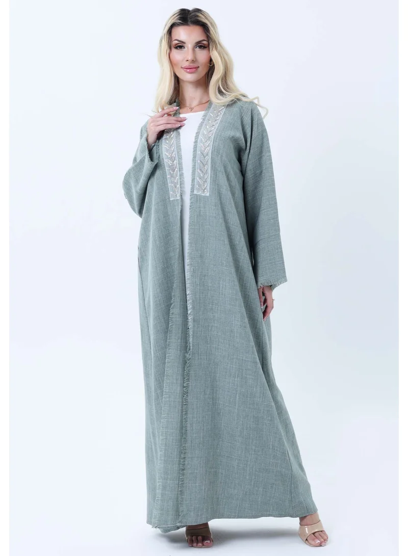 Linen Abaya with Lace Panel Detail, Sage Green Melange