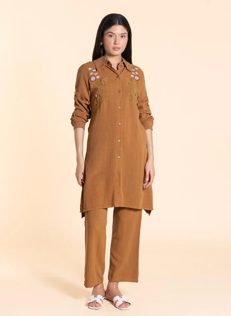 Embroidered Linen Blend Shirt Set