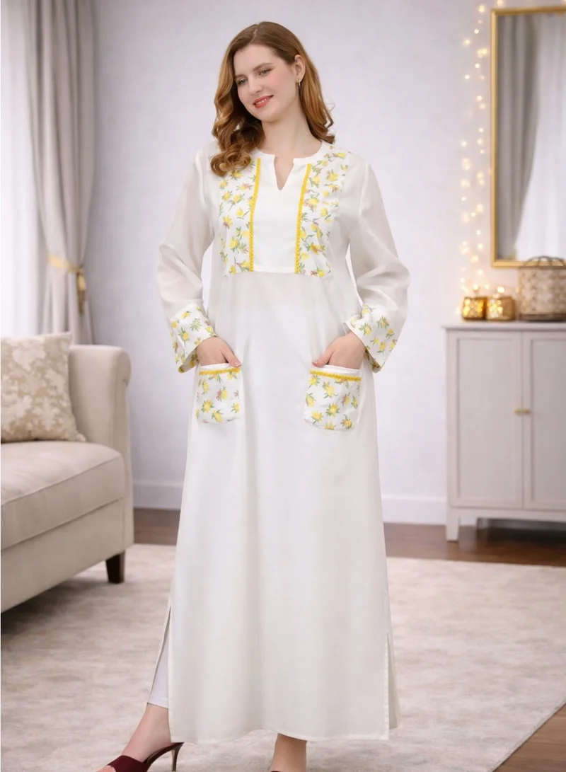 Soft Premium Linen Look Cotton Fabric with Printed Yoke & Lace Pockets