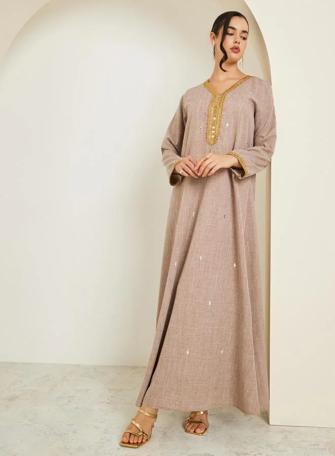 Women's Linen Jalabiya Gold Embroidery Beige