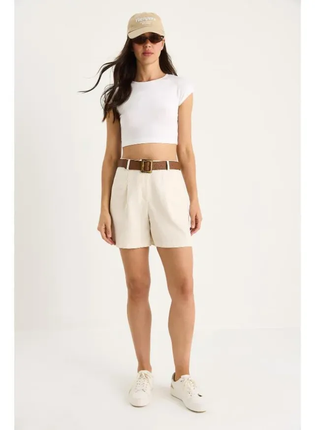 Beige Solid High-Rise Cotton Blend Shorts for Women – image 6