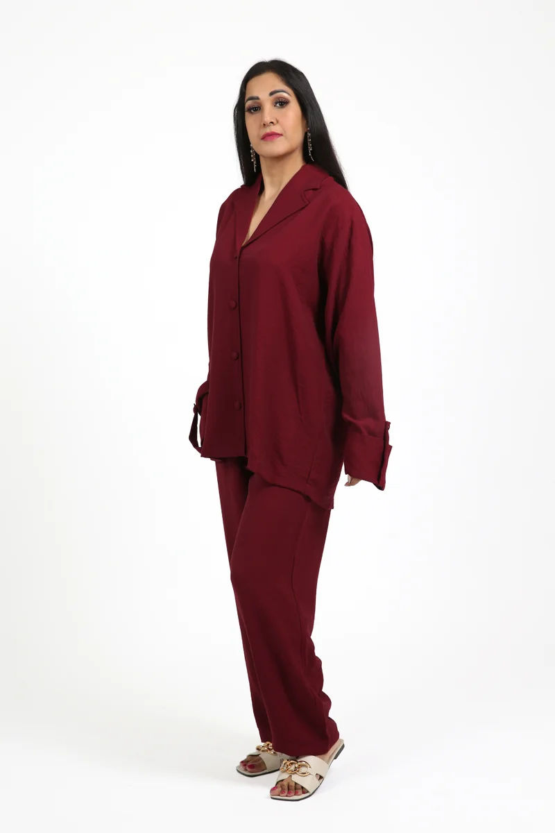 Linen Trouser Set with Coat Collar Red
