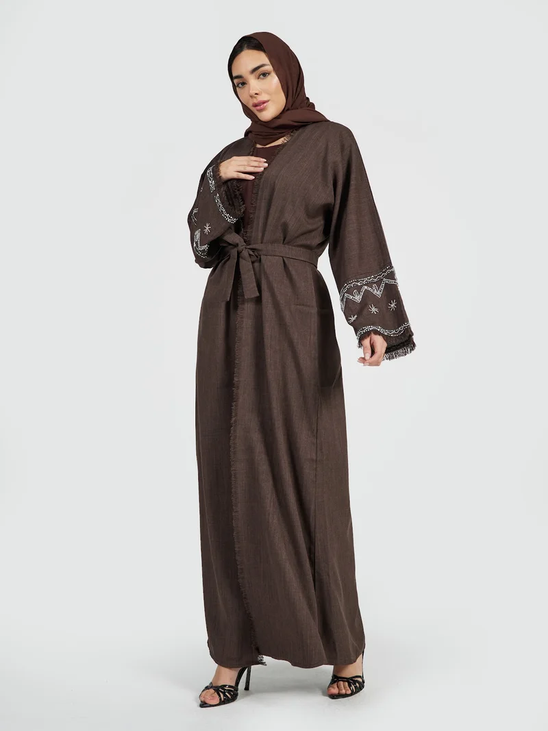 Women's Embroidered Linen Abaya Long Cardigan Chocolate Brown