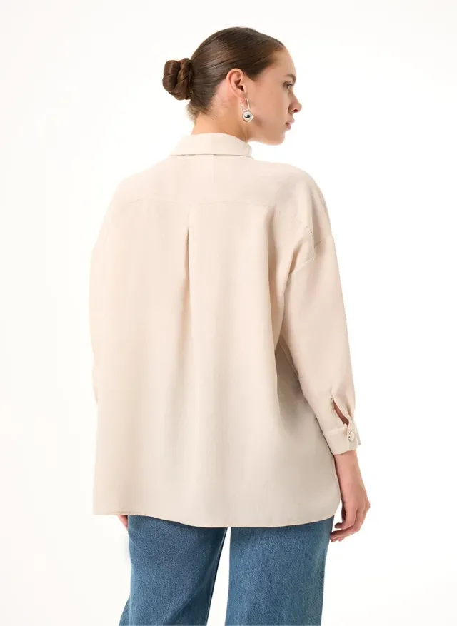 Beige Polyester Blend Button-Front Tunic Shirt for Women – image 3