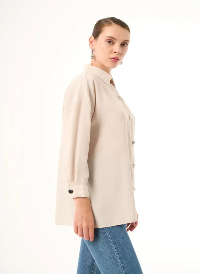 Beige Polyester Blend Button-Front Tunic Shirt for Women – image 4