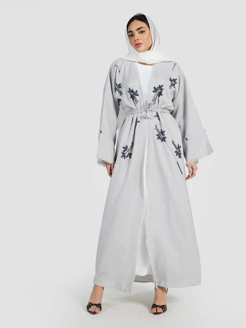 Fringed Navy Floral Embroidered Linen-Look Abaya Grey