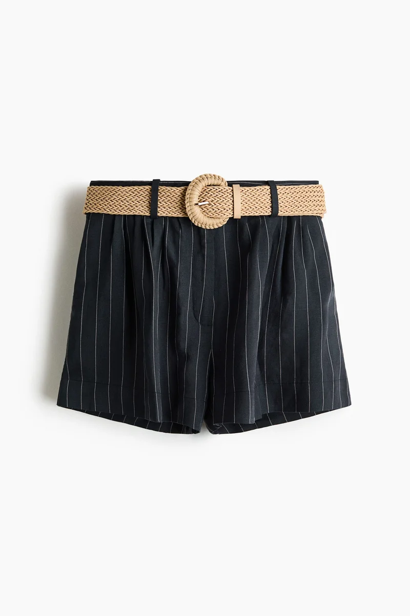 Belted Linen Blend Shorts