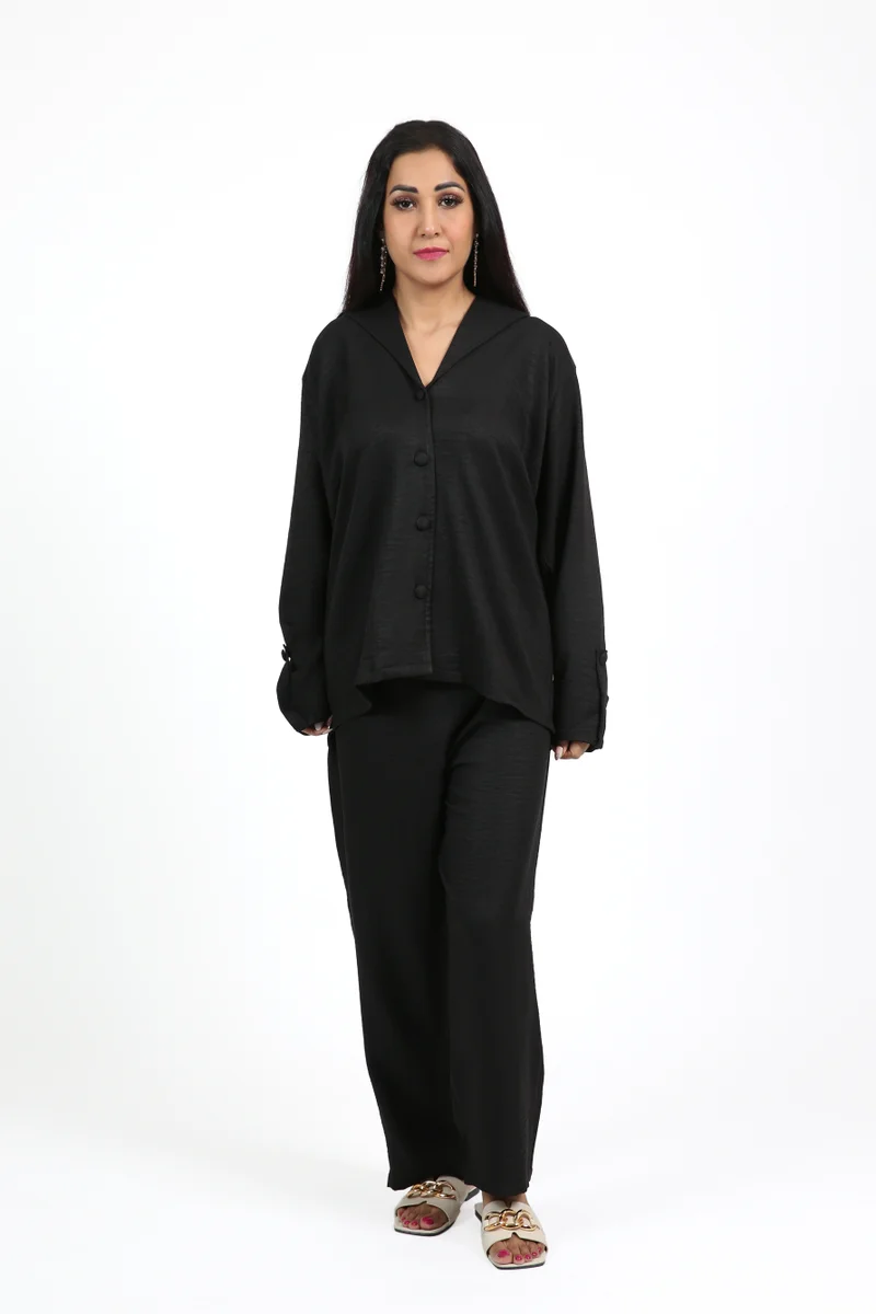 American Linen Coat Collar Trouser Set Black