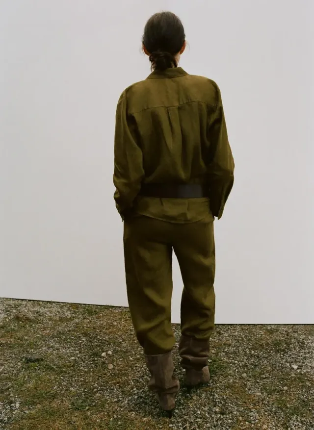 Olive Linen-Blend Straight Leg Trousers for Women – image 2