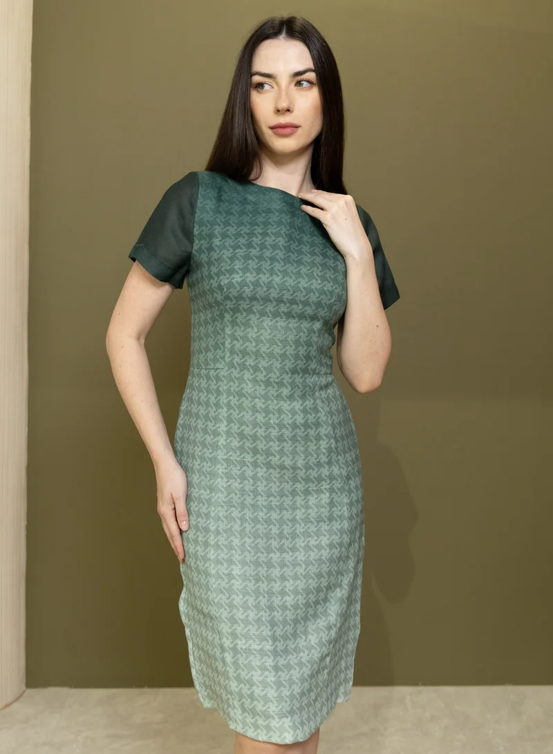 Ombré Houndstooth Linen Dress Green