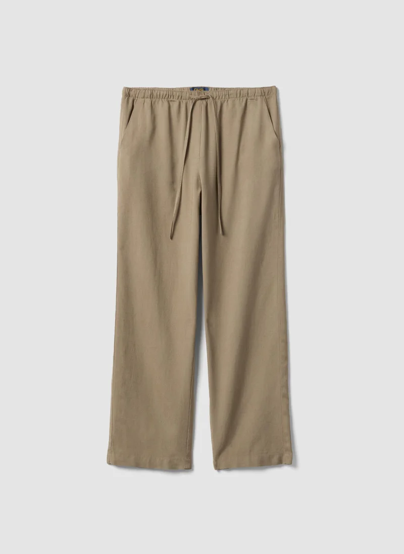 Viscose Linen Straight-Fit Drawstring Trousers Beige