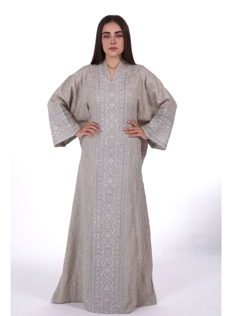 Embroidered Linen Jalabiya Dress with Integrated Belt