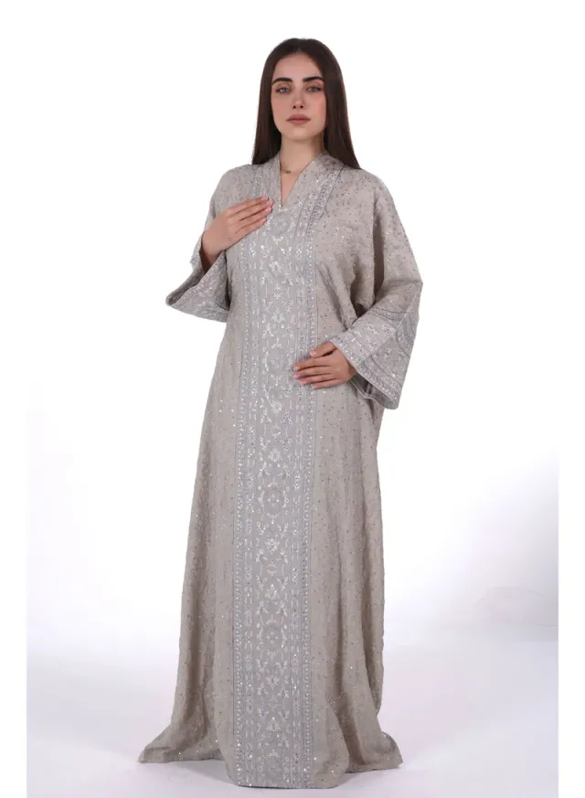 Khaki Beige Embroidered Linen Jalabiya Dress with Integrated Belt – image 2