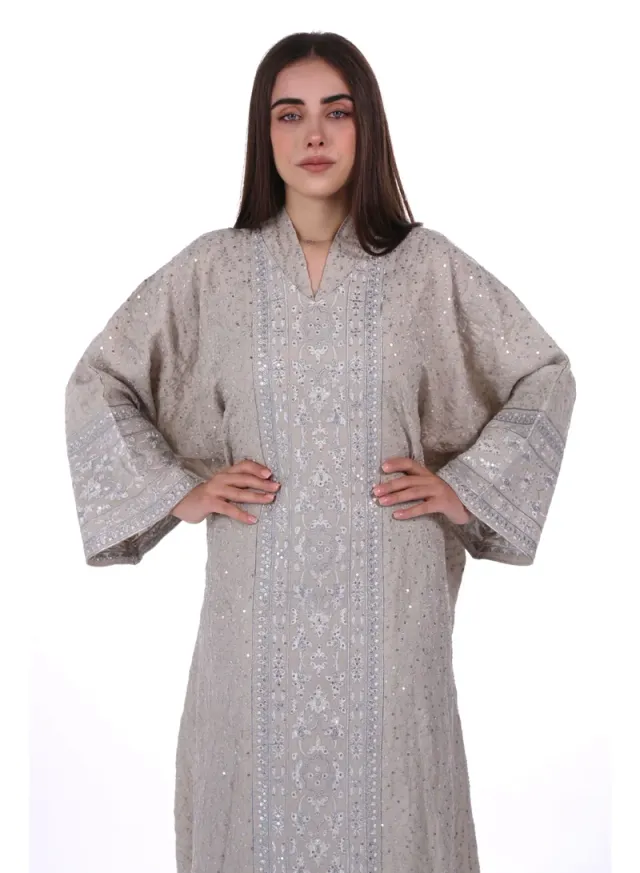 Khaki Beige Embroidered Linen Jalabiya Dress with Integrated Belt – image 4
