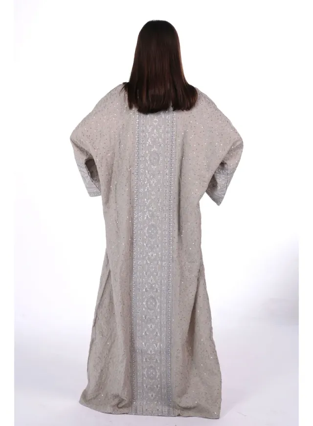 Khaki Beige Embroidered Linen Jalabiya Dress with Integrated Belt – image 5