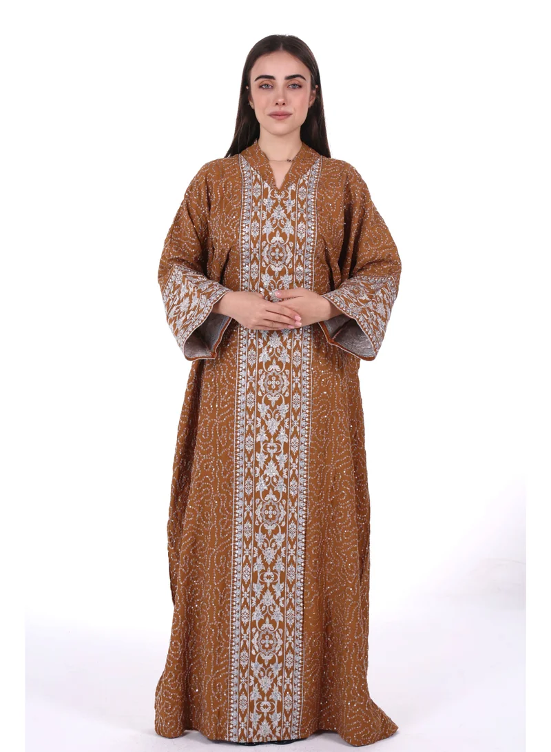 Embroidered Linen Jalabiya Dress with Integrated Belt