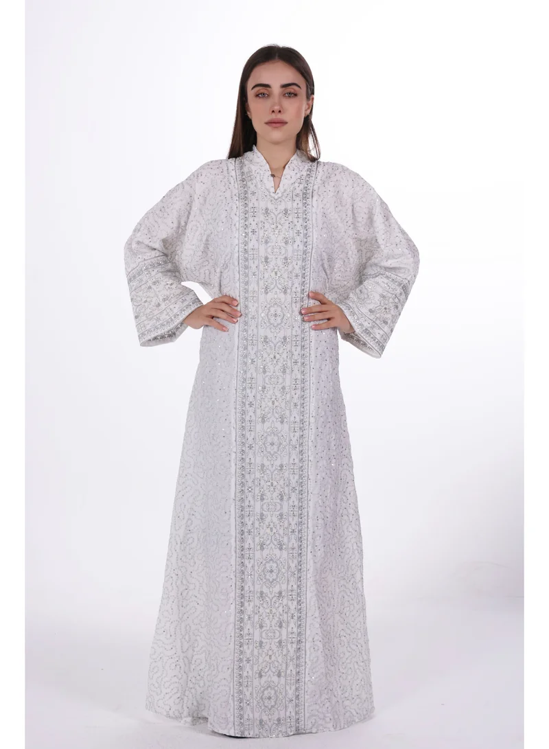 Embroidered Linen Jalabiya Dress with Integrated Belt