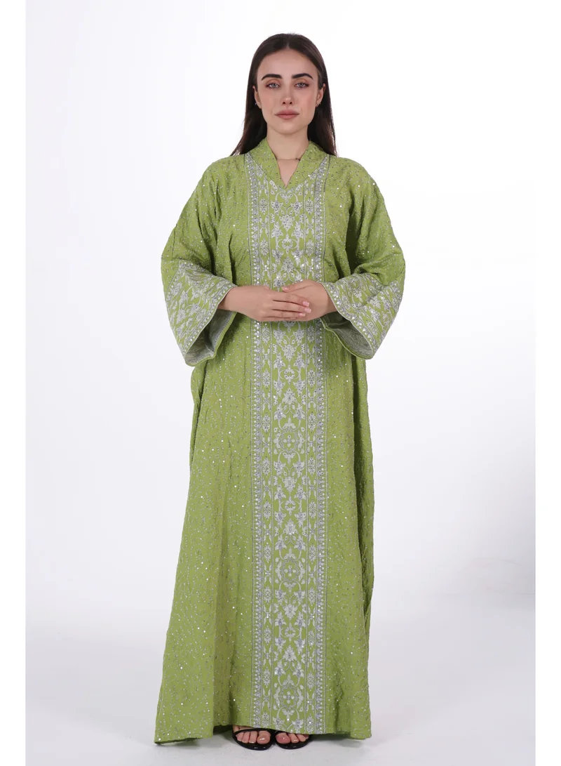 Embroidered Linen Jalabiya Dress with Integrated Belt