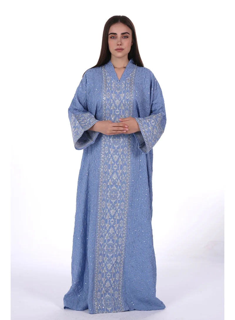 Embroidered Linen Jalabiya Dress with Integrated Belt