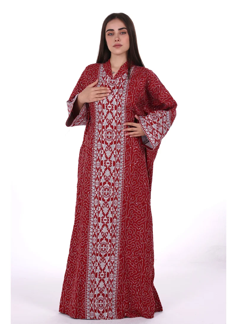 Embroidered Linen Jalabiya Dress with Integrated Belt