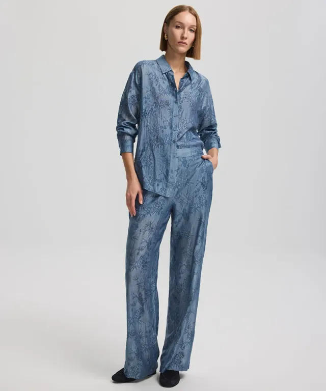 Blue Textured High-Rise Straight-Leg Trousers for Women – image 4