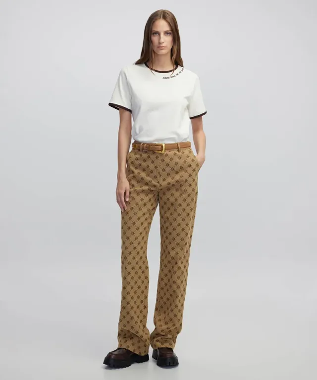 Camel Monogram Jacquard Wide-Leg Trousers for Women – image 3