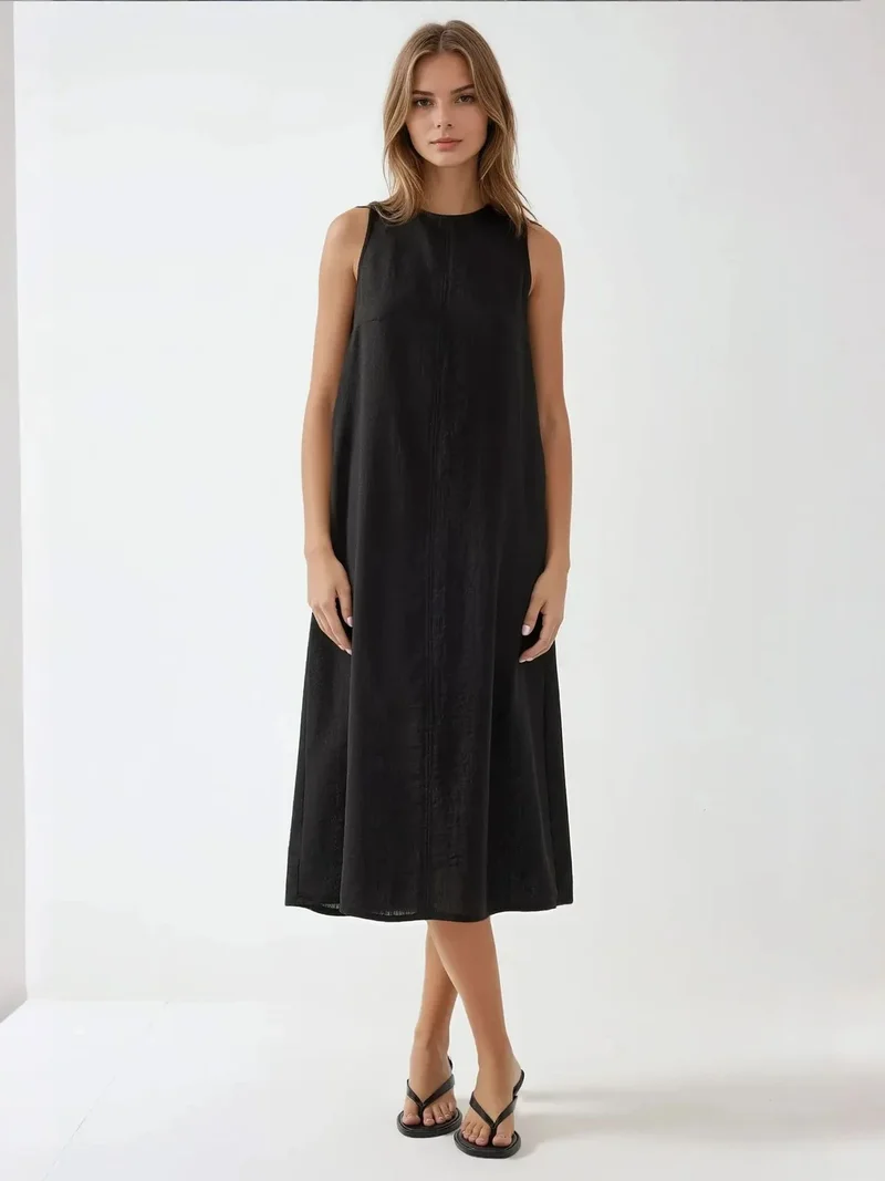 Linen Feel Sleeveless Crewneck Midi Dress