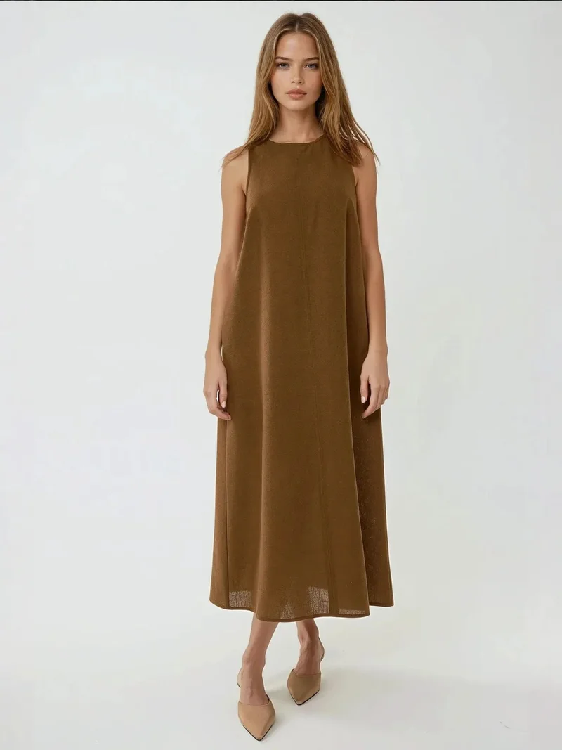 Linen Feel Sleeveless Crewneck Midi Dress
