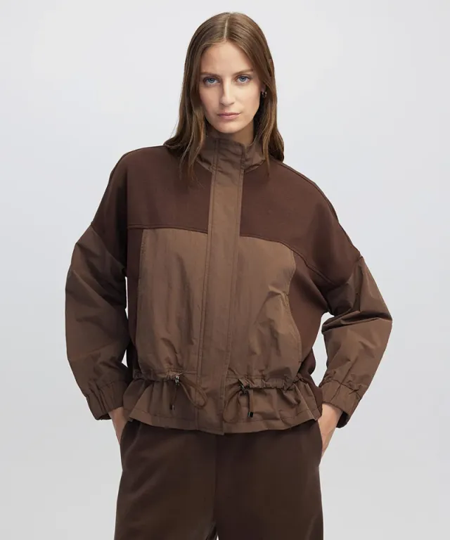 Brown Color-Block Technical Coat for Women - Cotton Blend, High Neck, Long Sleeves, Relaxed Fit, Zip Closure – image 2