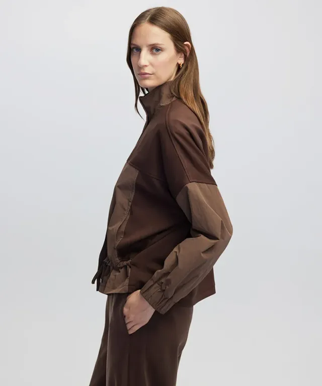 Brown Color-Block Technical Coat for Women - Cotton Blend, High Neck, Long Sleeves, Relaxed Fit, Zip Closure – image 4