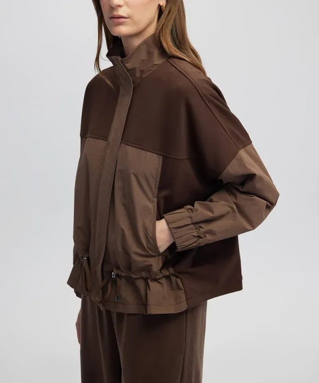 Brown Color-Block Technical Coat for Women - Cotton Blend, High Neck, Long Sleeves, Relaxed Fit, Zip Closure – image 5