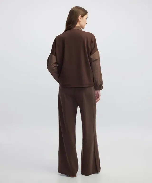 Brown Color-Block Technical Coat for Women - Cotton Blend, High Neck, Long Sleeves, Relaxed Fit, Zip Closure – image 6