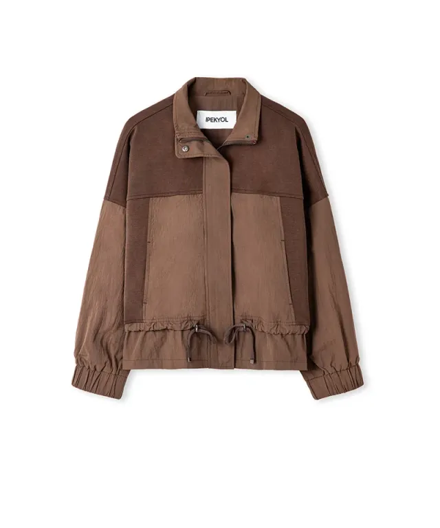Brown Color-Block Technical Coat for Women - Cotton Blend, High Neck, Long Sleeves, Relaxed Fit, Zip Closure – image 7