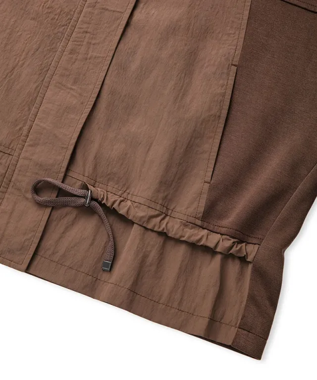Brown Color-Block Technical Coat for Women - Cotton Blend, High Neck, Long Sleeves, Relaxed Fit, Zip Closure – image 8