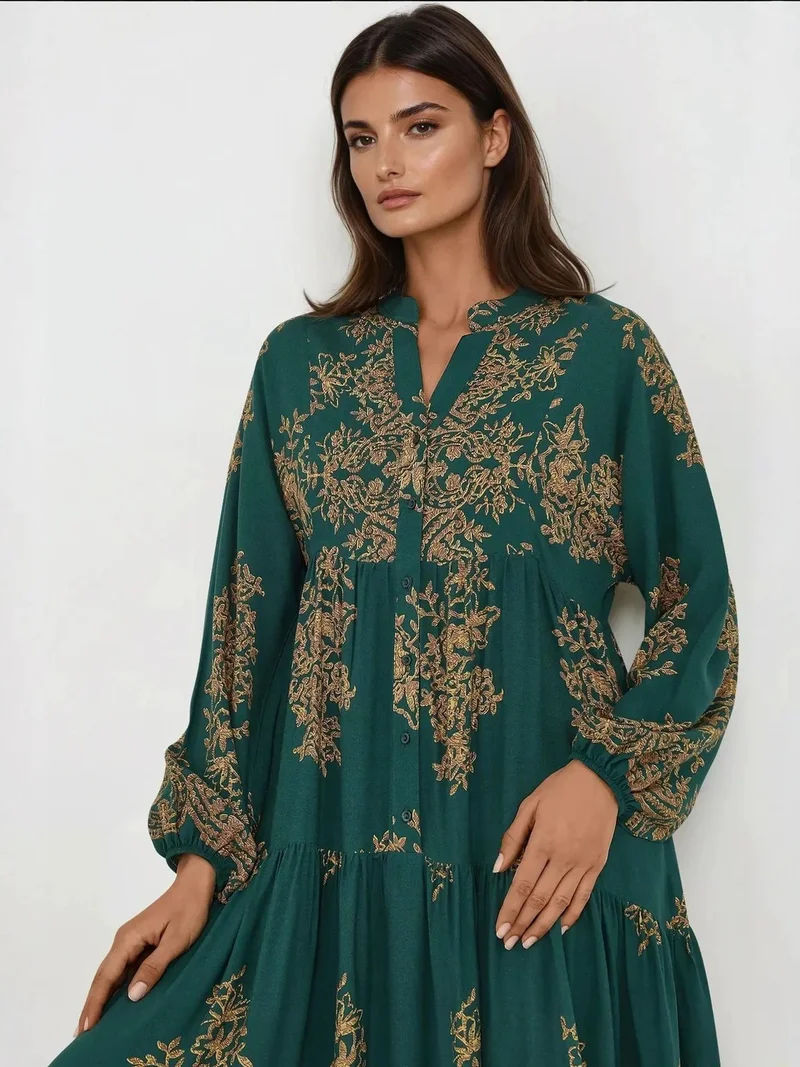 Viscose Long Sleeve Printed Maxi Dress